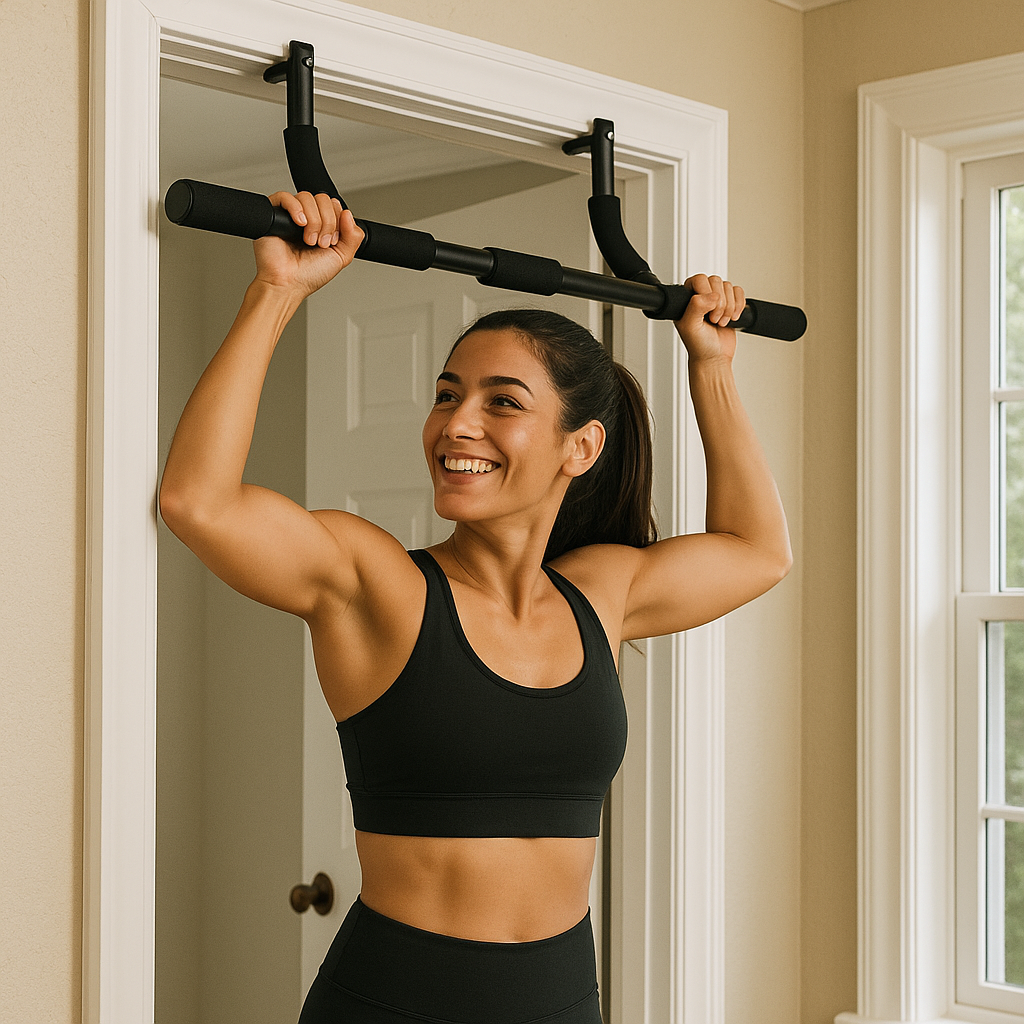 Athlete training at home using a pull-up bar
